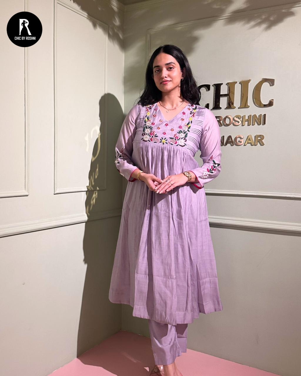 Lavender Mul Chanderi Kurti Pant & Dupatta Set (2026 Collection)