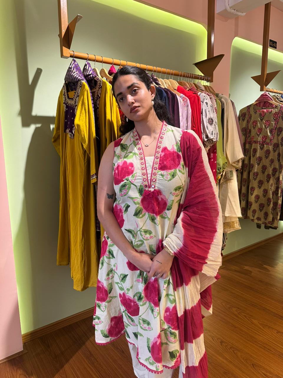 Cotton suit embroidery work in sleeveless with side pockets and dupatta